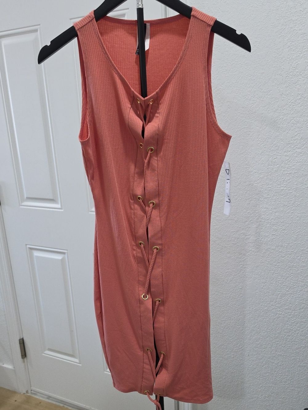Sleeveless Lace-Up Ribbed Chemise in Coral